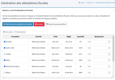 Génération des attestations fiscales : choix des prestations