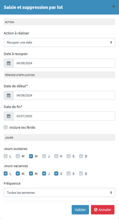 saisie et suppression par lot du calendrier