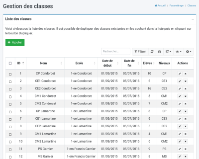 gestion des classe : liste