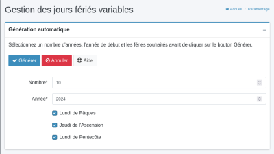 paramétrage des jours fériés variables