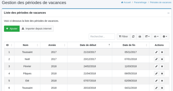 gestion des vacances : liste