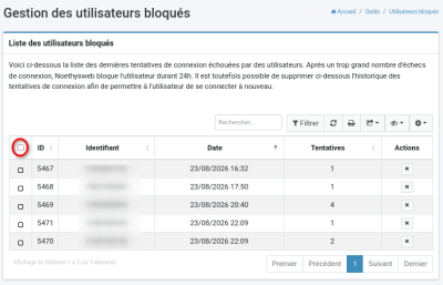 copie d'écran de gestion des utilisateurs bloqués