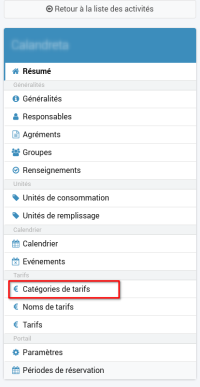 capture d'écran du menu de paramétrage des activités