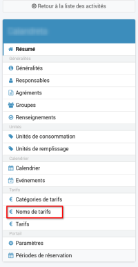 capture d'écran du menu de paramétrage des activités