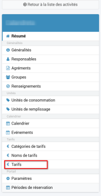 capture d'écran du menu de paramétrage des activités