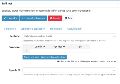 capture d'écran de la fenêtre de paramétrage du nouveau tarif, onglet calcul du tarif