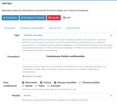 capture d'écran de la fenêtre de paramétrage du nouveau tarif, onglet type de tarif