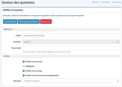 copie d'écran de gestion de la question