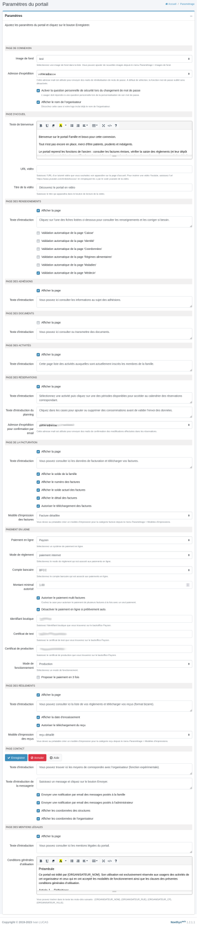 page de paramétrage du portail